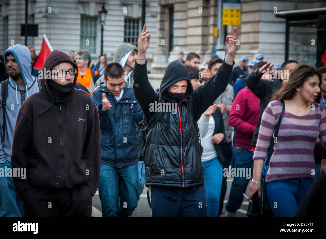 London, UK. 11th June, 2013. Anarchists march down Whitehall in London as their Stop G8 day of actions draws to an end. Credit:  Paul Davey/Alamy Live News Stock Photo