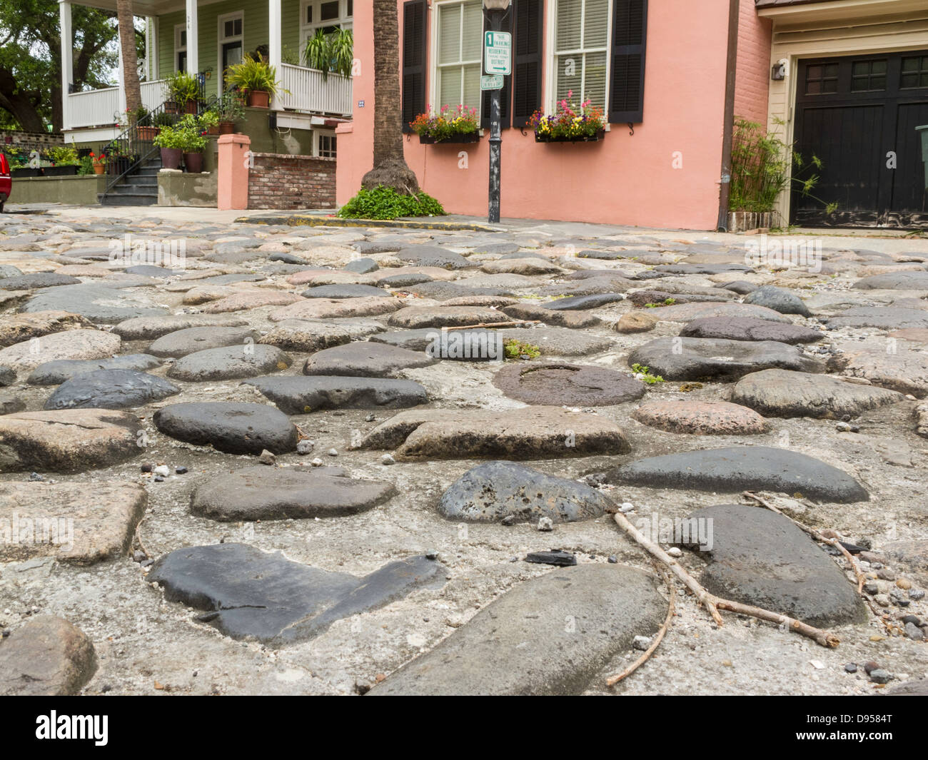 Cobblestone Street, Ship's Ballast Stones, Charleston, SC, USA Stock