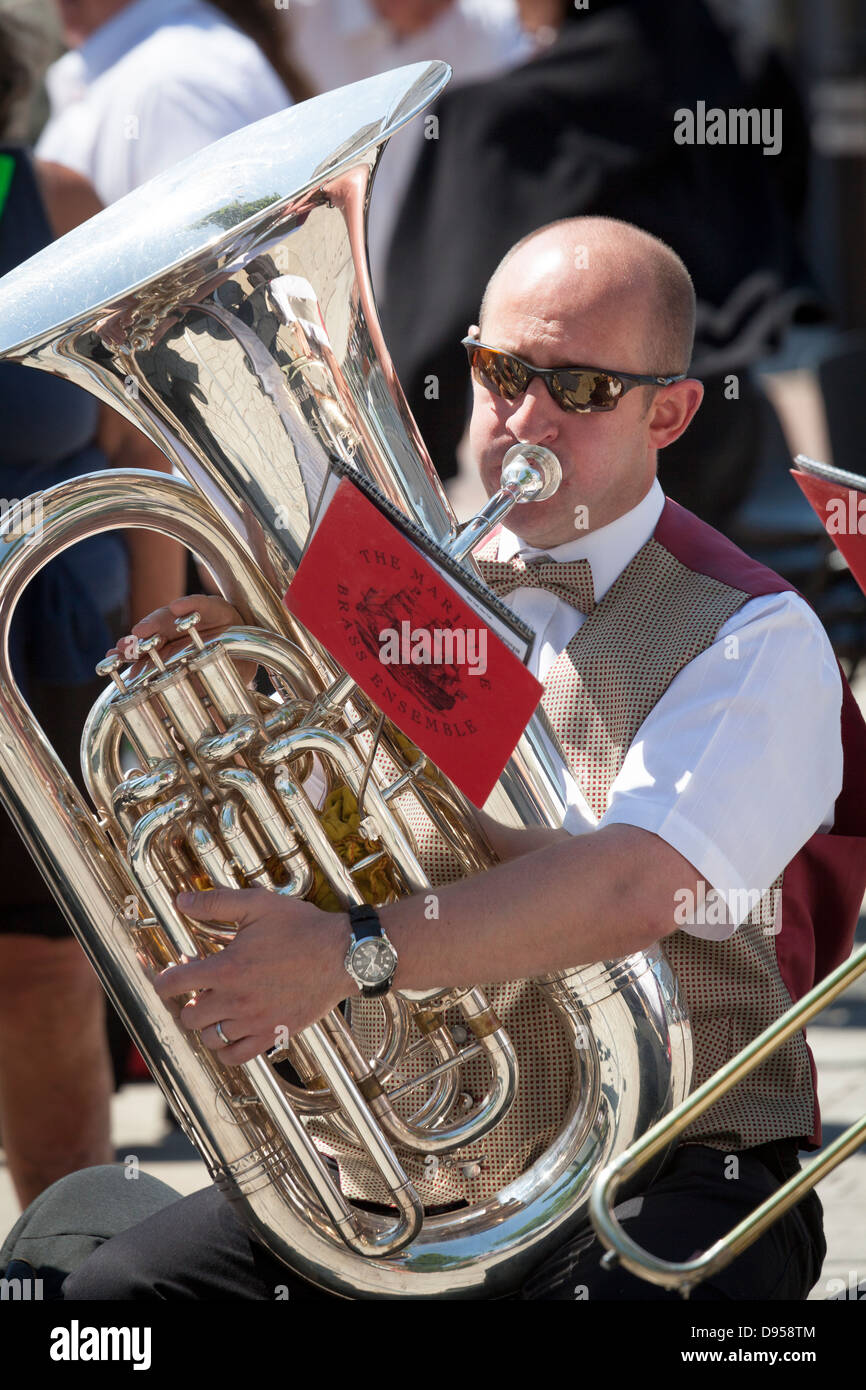 male in sunglasses playing tuba with music sheet Stock Photo Alamy