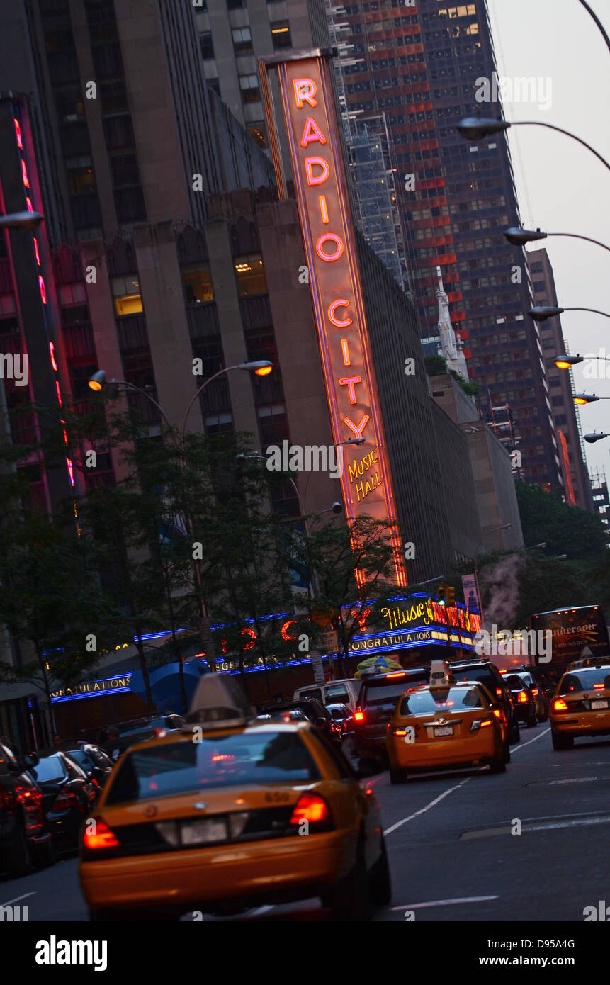 Yellow Cabs and Radio City Music Hall, Manhattan, New York City Stock Photo