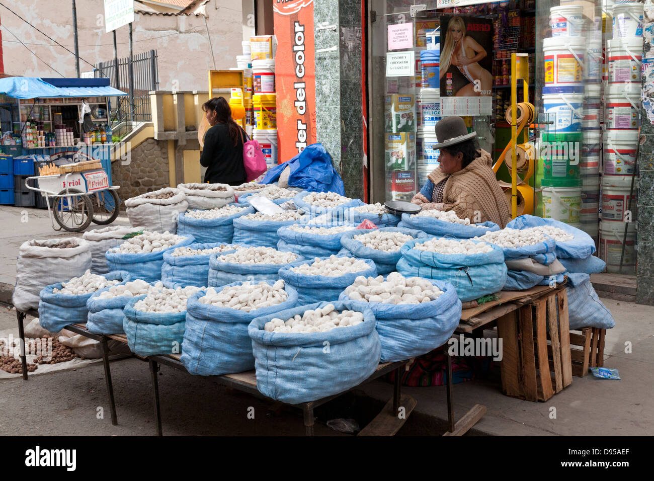 Different types of potatoes on display, Rodriguez market, La Paz, Bolivia Stock Photo
