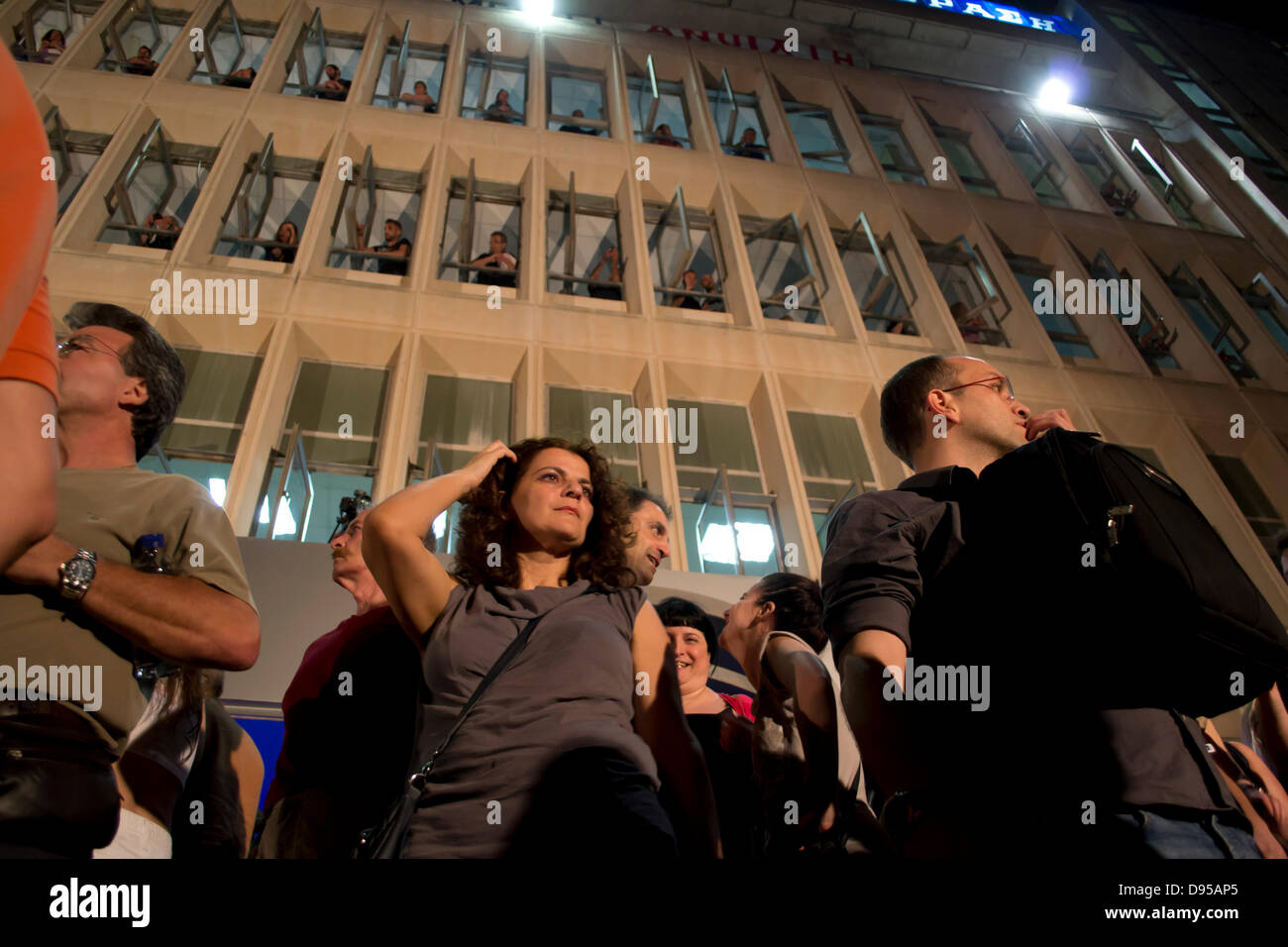 Athens, Greece, June 11th, 2013. Greek government decides to close down ERT, the Greek public radio and television company. Employees occupy the premises and thousands people join the demonstration in solidarity. Credit:  Nikolas Georgiou / Alamy Live News Stock Photo