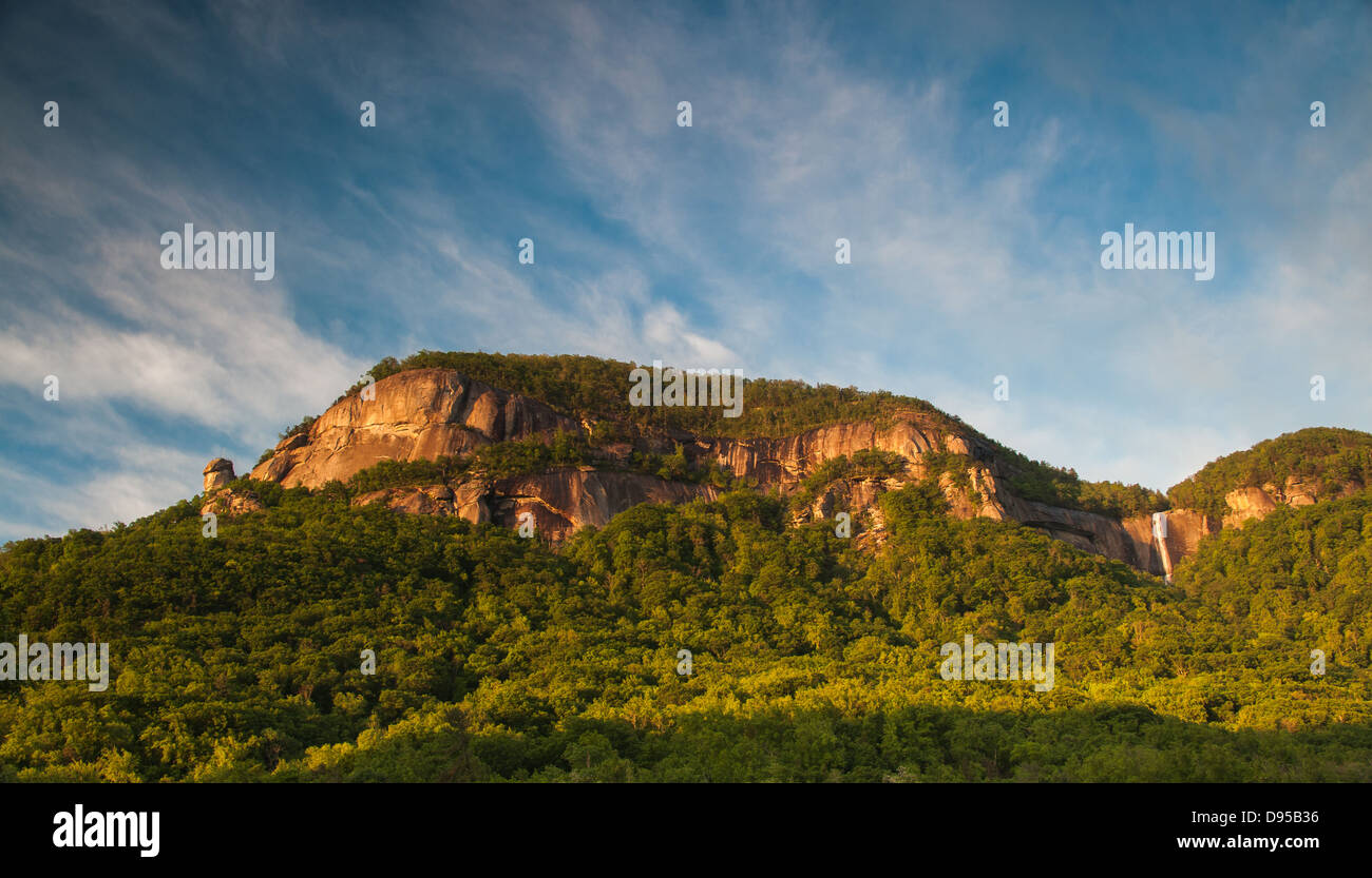 Panoramic color image of Chimney Rock State Park in North Carolina, USA. This shows both Chimney Rock and Hickory Nut Falls. Stock Photo