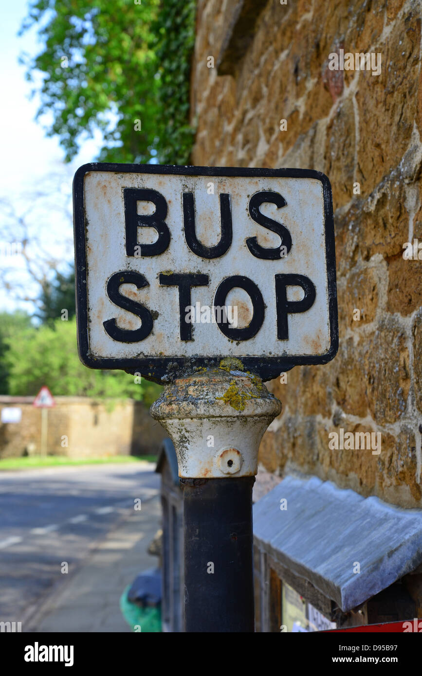 Vintage bus stop sign outside Bloxham Village Museum, Church Street, Bloxham, Oxfordshire