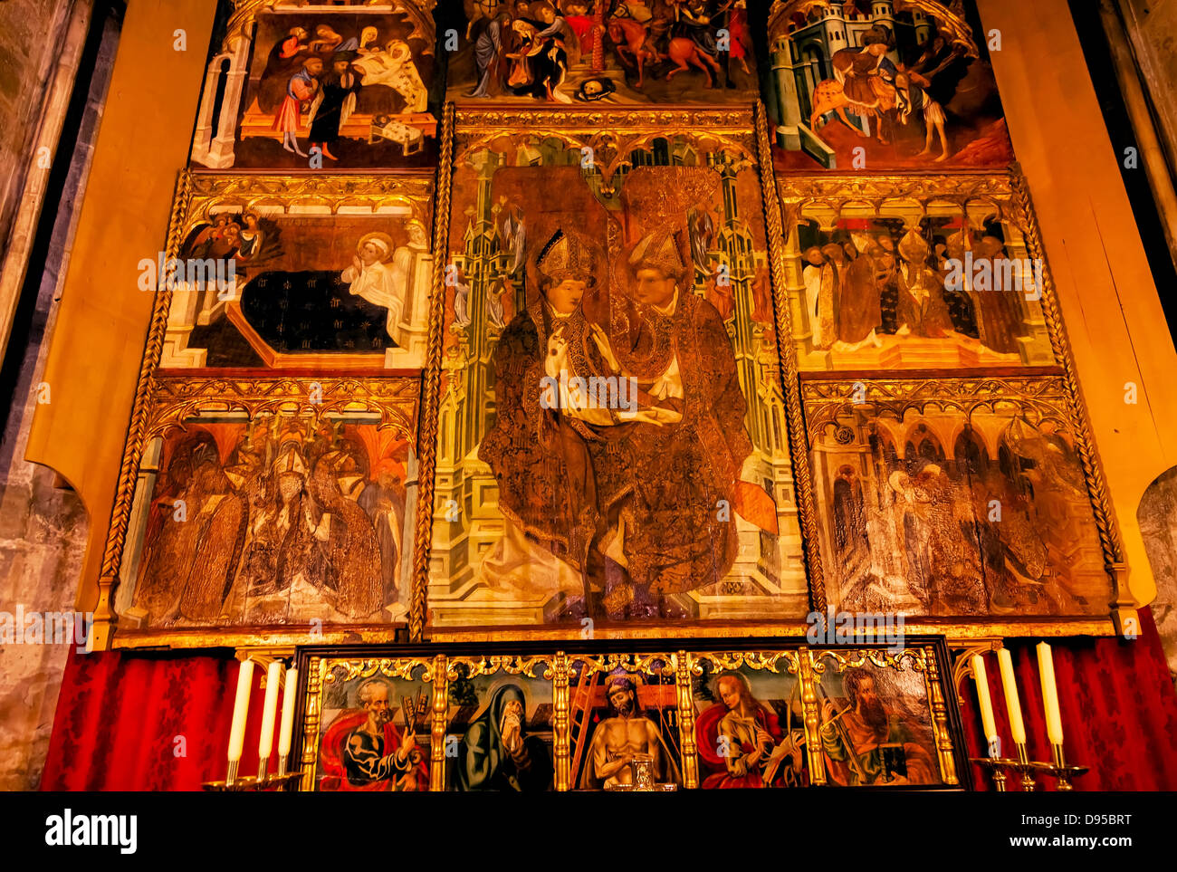 Painted Choir Stall Christ Mary Bishops Disciples Gothic Catholic Barcelona Cathedral Basilica in Catalonia, Barcelona, Spain Stock Photo