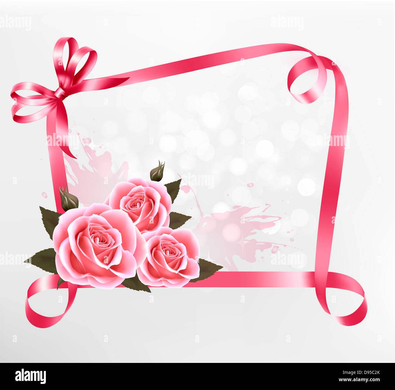 Holiday background. Colorful flowers with pink bow and ribbon. Vector ...