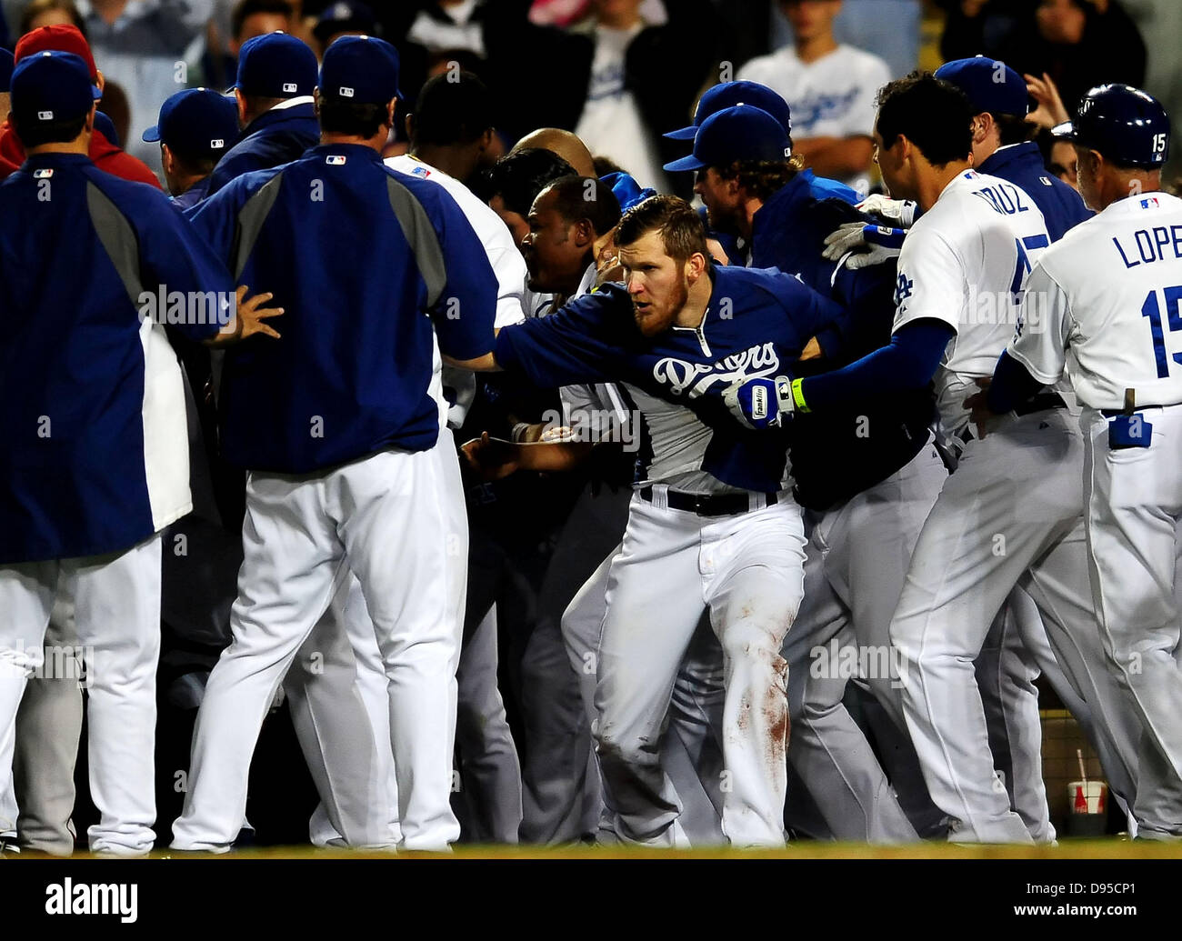 Los Angeles, CA, USA. 11th June, 2013. A benches clearing brawl ensues in the 7th inning after