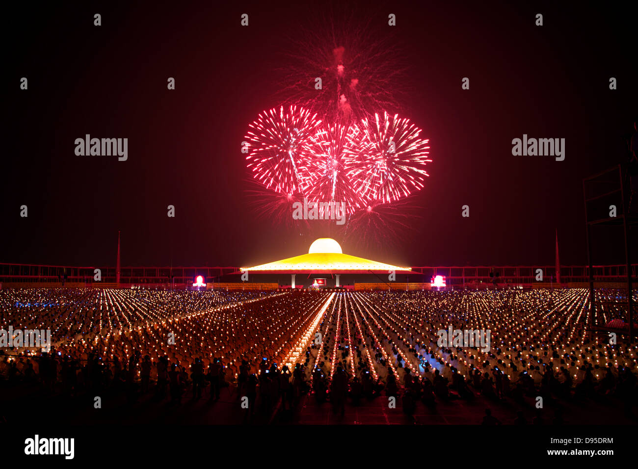 Fireworks over Wat Phra Dhammakaya Stock Photo