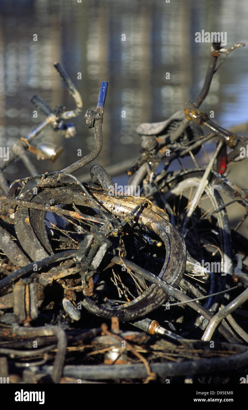 Old Bicycles found in Canals. Amsterdam, The Netherlands. Stock Photo