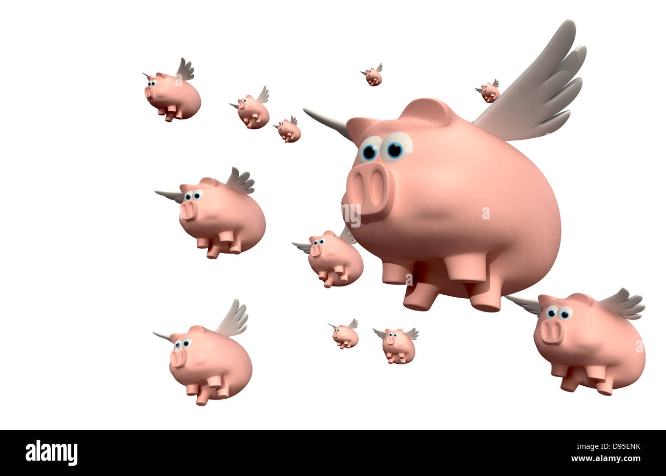 A literal description of a group of pink pig with wings flying on an isolated white background Stock Photo