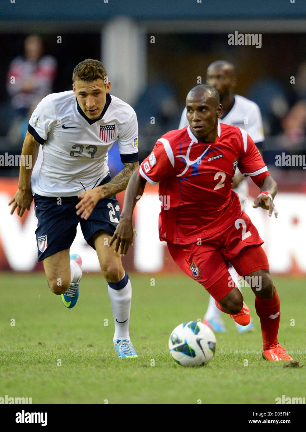 June 11, 2013. .Panama defender Leonel Parris #2 is chased down by USA defender Fabian Johnson #23 during a 2014 FIFA World Cup qualifying match at CenturyLink Field in Seattle, WA.. .United States defeats Panama 2 - 0.George Holland / Cal Sport Media Stock Photo