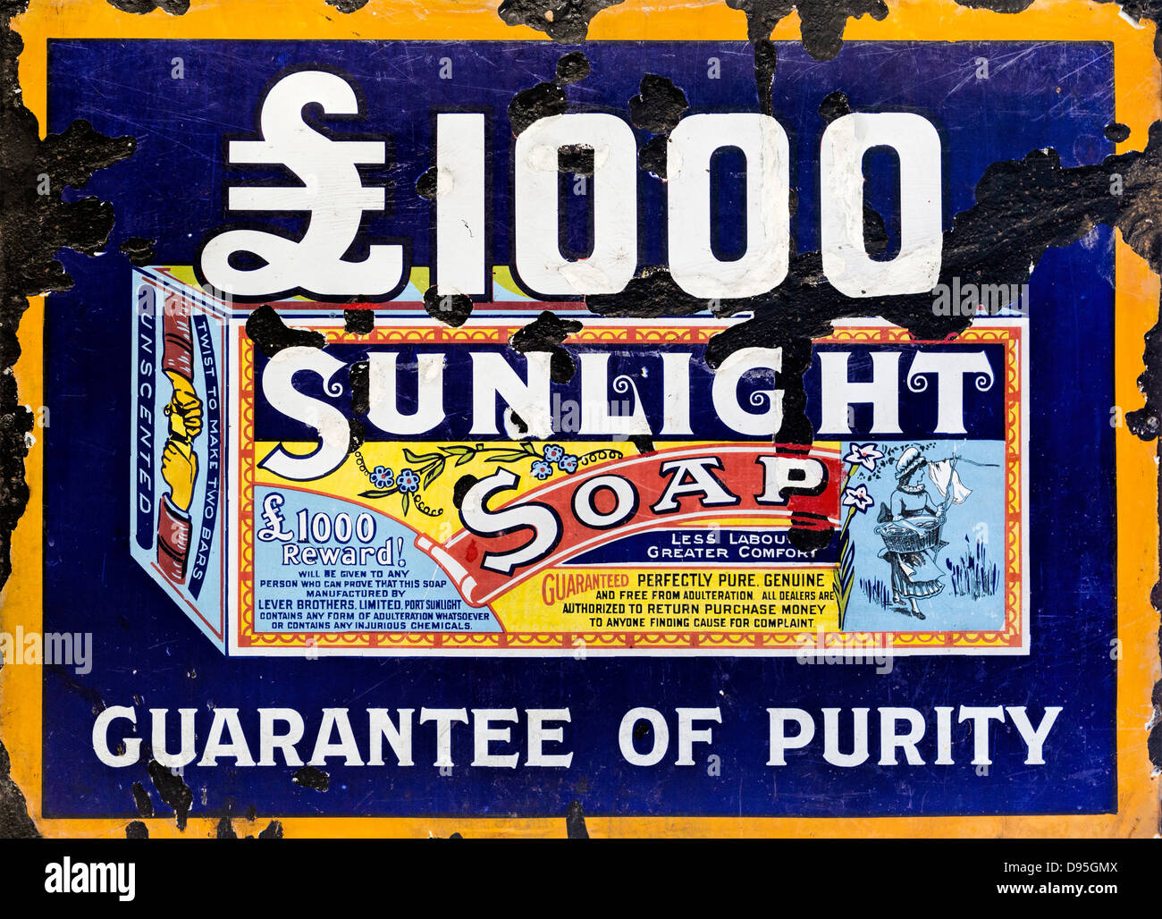 1920's sheet metal enamel sign advertising £1000 Sunlight Soap. Stock Photo