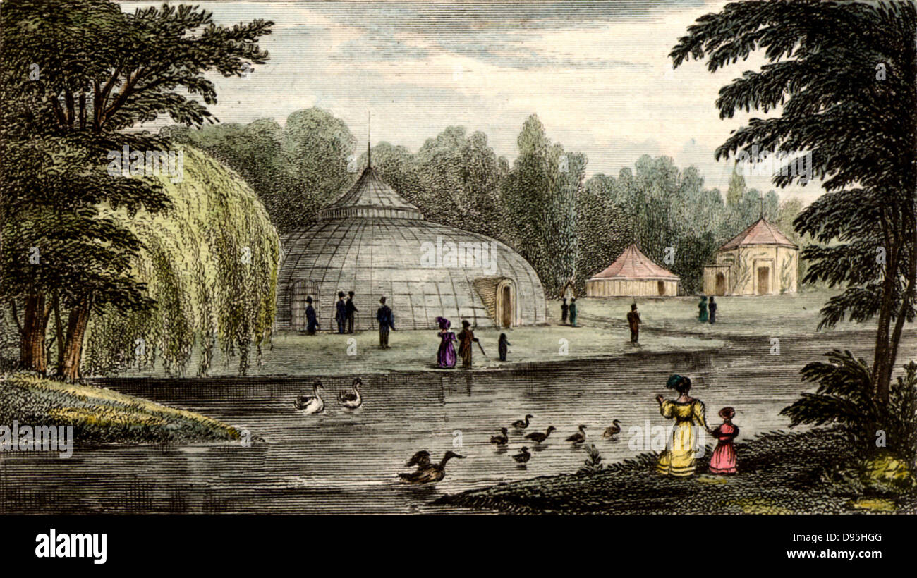 Surrey Zoological Gardens, Walworth, London, England. Engraving after the drawing by Thomas Hosmer Shepherd. In about 1830 Edward Cross kept his menagerie here, and in 1830 exhibited an Indian rhinoceros for which he paid £800. Conservatory 300 ft. in circumference containing over 6,000 sq. ft. of glass, and at the time the largest glass building in England. Coloured engraving. Stock Photo