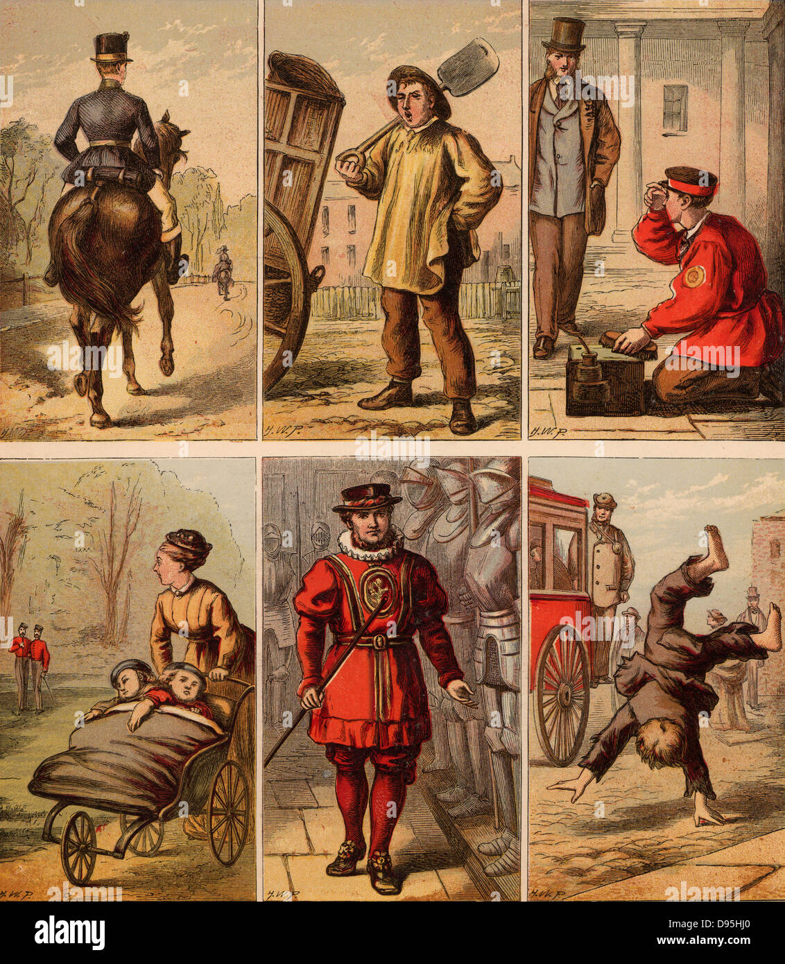 London street scenes.  Groom: Dustman: Bootblack: Nursemaid (eyeing up soldiers): Beefeater: Boy turning somersaults for pennies. Illustrations by Horace William Petherick (1839-1919) for a children's book published London, c1875.  Chromolithograph. Stock Photo