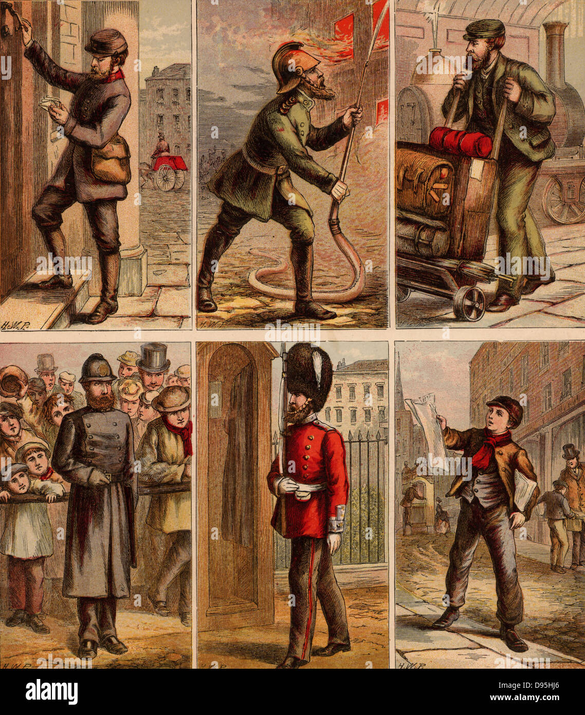 London street scenes. Postman delivering letters: Fireman fighting a fire: Railway Porter with trolley of luggage: Policeman on crowd duty: Guardsman of sentry duty: Newsboy selling papers.. Illustrations by Horace William Petherick (1839-1919) for a children's book published London c1875. Stock Photo