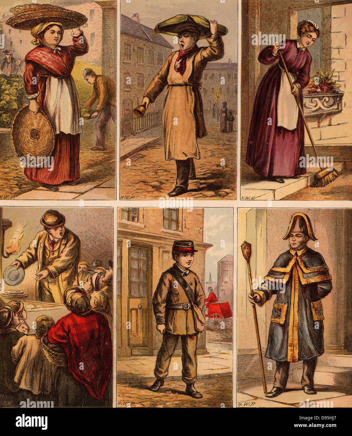 London street scenes. Fish seller: Muffin Man (with bell): Housemaid: Huckster selling crockery: Telegram boy. A Beadle. Illustrations by Horace William Petherick (1839-1919) for a children's book published London c1875. Stock Photo
