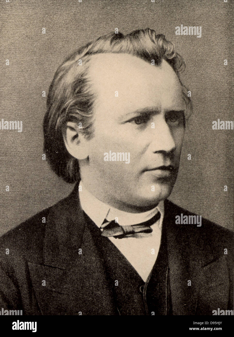 Johannes Brahms (1833-1897) German composer, in 1875.  From a photograph. Legend reads 'Johannes Brahms zurfreundlichen Erinnerung an Klara (und Fritz) Simrock' (In friendly remembrance of Klara (and Fritz) Simrock). Stock Photo