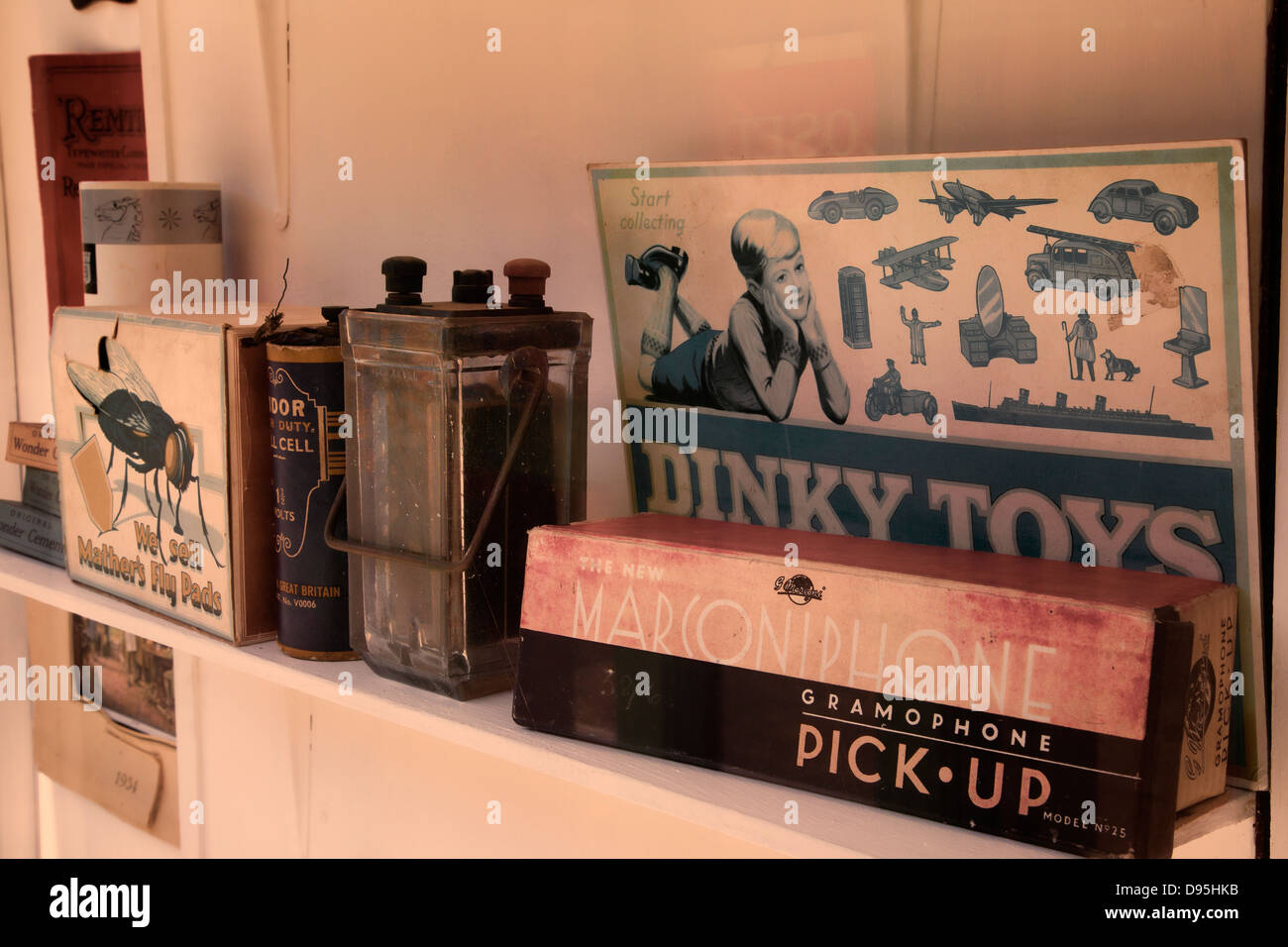 Products from bygone days on display at the D.A. Jones shop. East Anglia Transport Museum. Suffolk, UK. Stock Photo