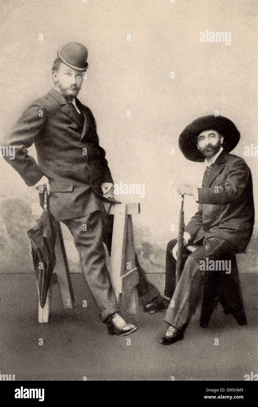 Max Kalbeck, biographer of Johannes Brahms, left, and Brahms' Viennese friend Dr Otto Bauer, wearing each other's hats.  From photograph taken in Ischl, 1892. Stock Photo