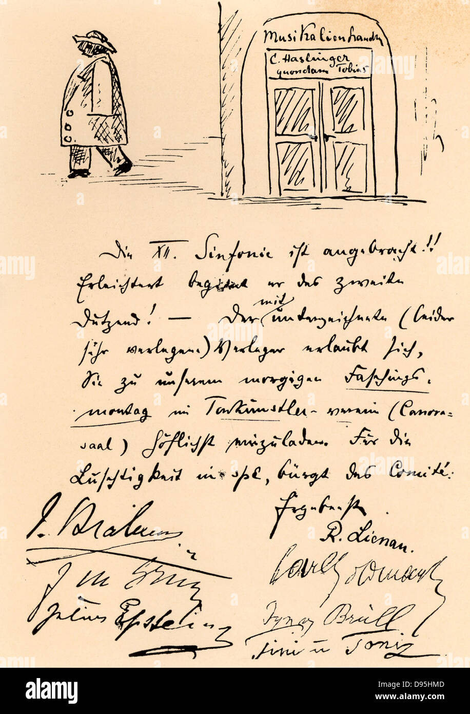 Invitation to a carnival at the Tonkunstlerverein, Vienna. Cartoon shows Anton Bruckner (1824-1896) leaving the office of Haslinger, Beethoven's publisher: 'The twelfth symphony has been worked off!! Relieved, he starts the second dozen'.   Signed by Johnnes Brahms, J.M. Grun, Julius Epstein, R. Lienau, Carl Goldmark, Brull, and Mr & Mrs Anton Door. Stock Photo