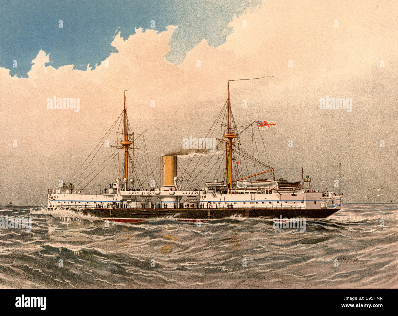 HMS Colossus, 1st class British battleship. Experimental design with main armament amidships, firing through the superstructure. Limited arc of fire.  Illustration by William Frederick Mitchell. Lithograph. 1892. Stock Photo