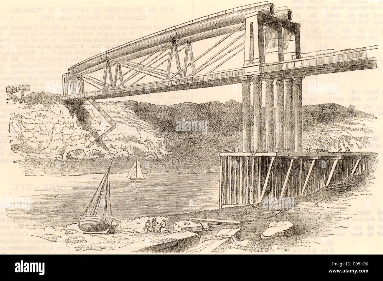 Wrought iron tubular trussed bridge over the river Wye at Chepstow, c1885.  This bridge, constructed 1849-1852, was an innovative design by Sambaed Kingdom Brunel (1806-1859) and the use of wrought iron tubular girders is considered to be a dummy run for his last great masterpiece, the Royal Albert bridge over the Tamar at Saltash.   The Chepstow bridge carried the South Wales Railway over the Wye. Brunel was engineer to the railway.   From 'The Popular Educator'. (London, c1885). Stock Photo