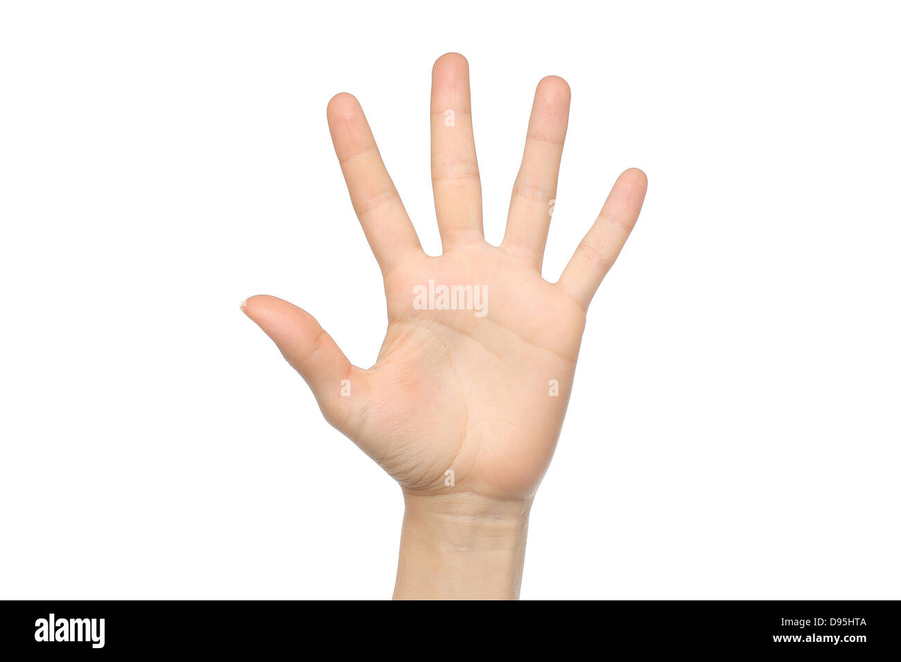 Woman hand showing five fingers on white background Stock Photo