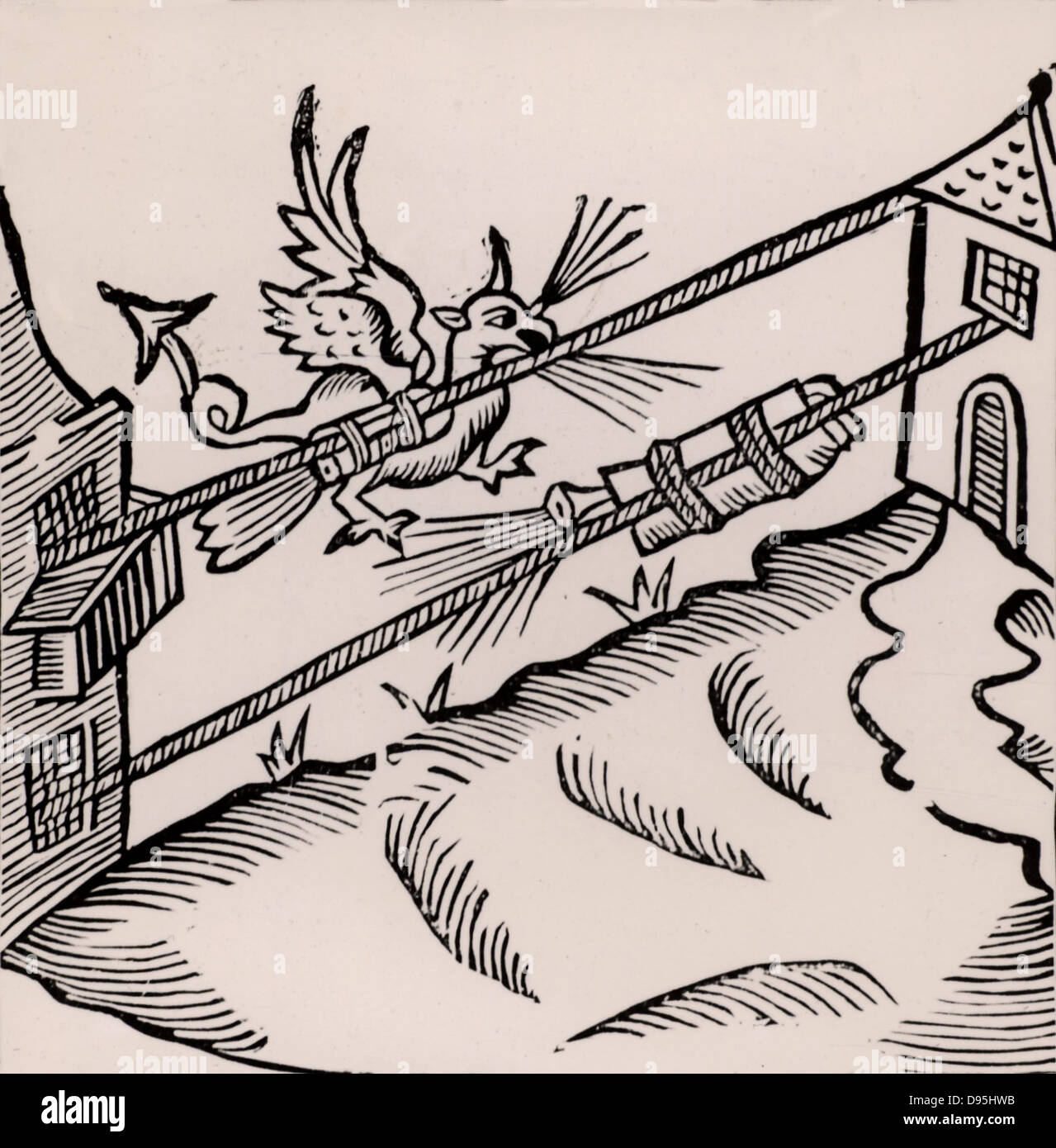 A Firework display: The figure of a dragon breathing fire is attached to a rocket tied to a rope stretched between two buildings.   Woodcut from 'Recreations mathematiques' by Jean Leurechon (Rouen, 1628). Stock Photo