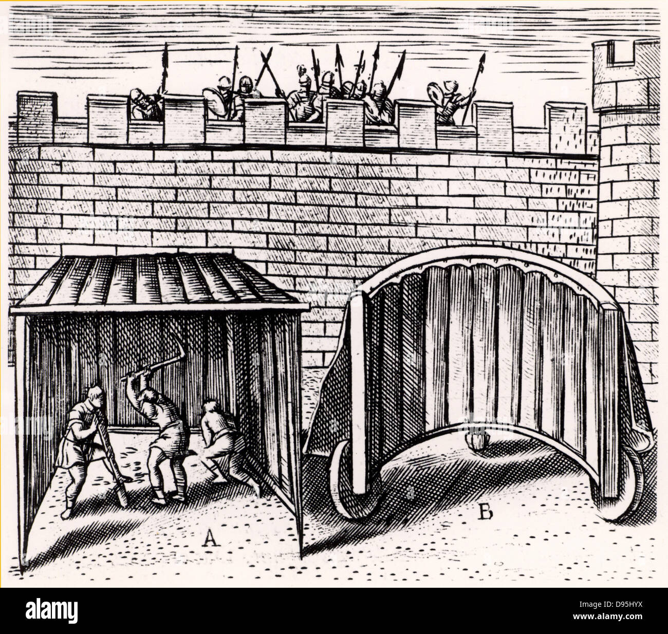 Military engineering: Sappers using a 'sow', A, to begin excavations outside the walls of a city under siege. B is a wheeled shield with its tough leather protective cover turned back to show its construction. From 'Poliorceticon' by Justus Lipsius (Antwerp, 1605). Copperplate engraving. Stock Photo