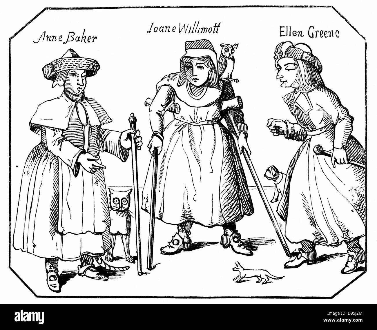 Anne Baker, Joanne Willimott and Ellen Greene, Leicestershire women with their pets and familiars. Associates of the Witches of Belvoir. Condemned to be burnt 1619: England. Engraving. Stock Photo