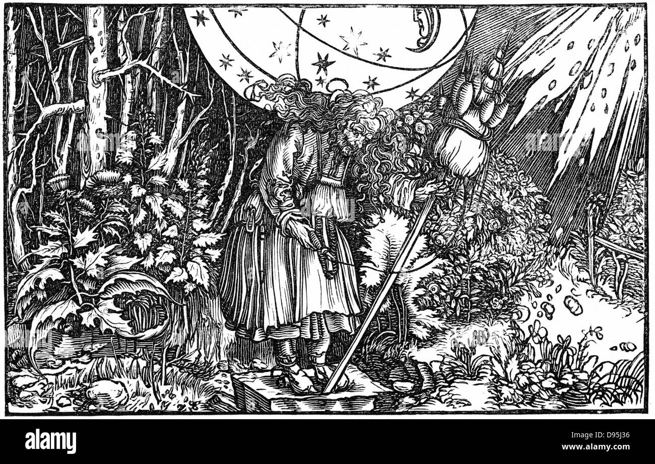 Old woman (witch or fairy) spinning. Woodcut attributed to Holbein from Boethius 'De consolatione philosophiae' 1547. Stock Photo