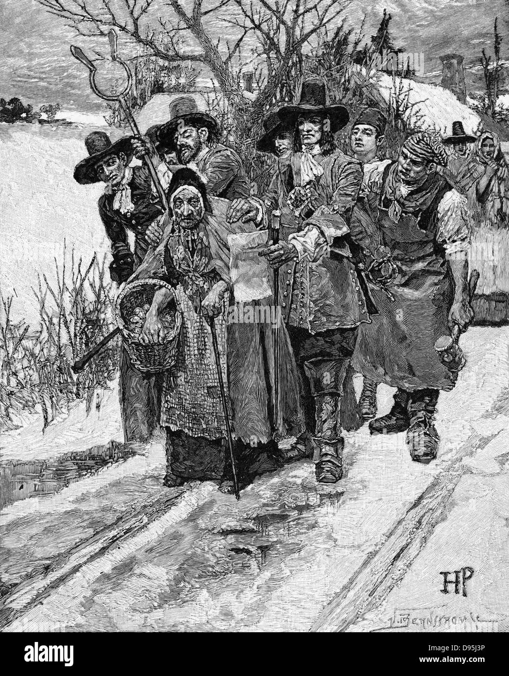Witch hunting in America - 18th century. Old woman being arrested. 19th century wood engraving. Stock Photo