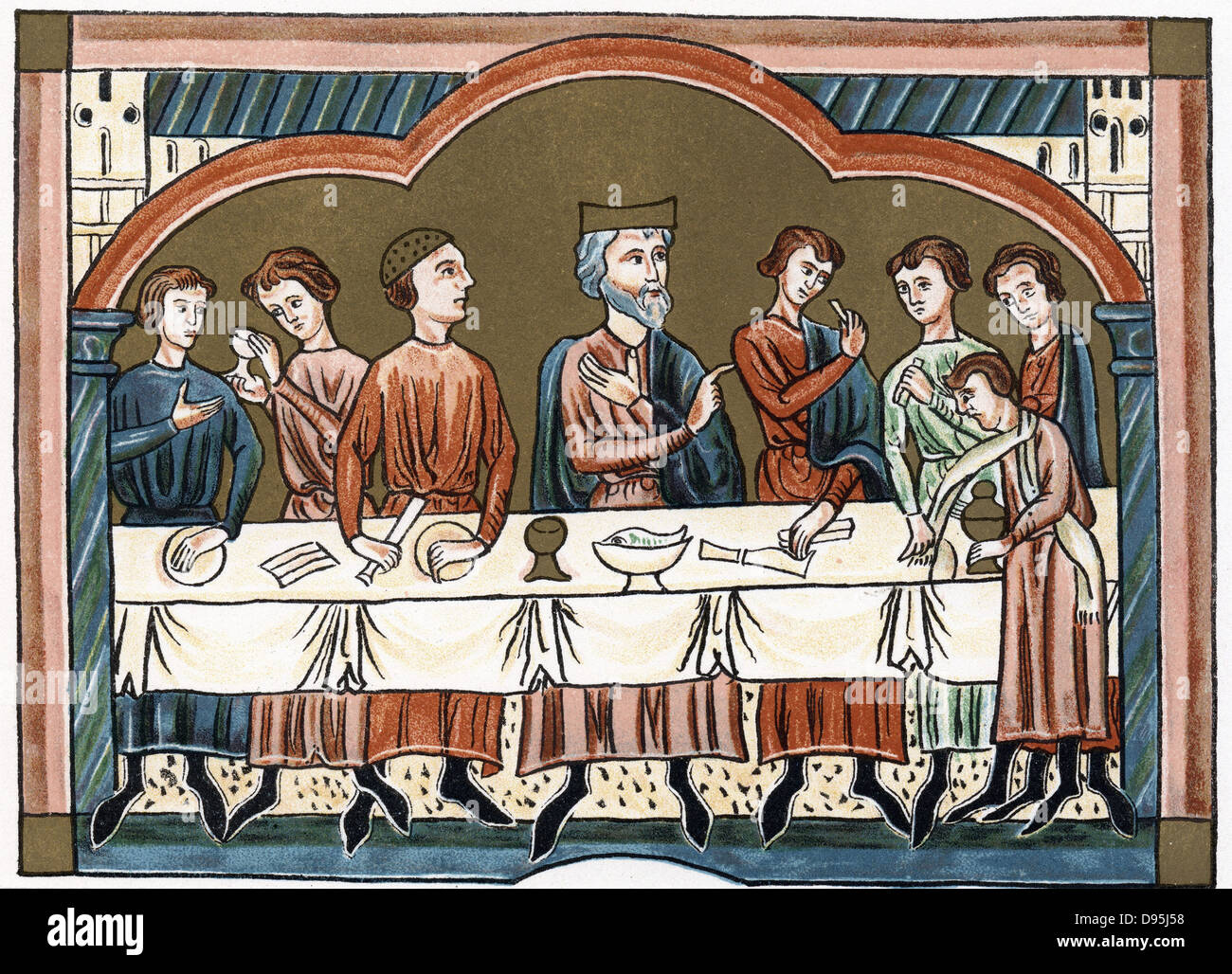 A Plantagenet king of England dining (Henry II? Reigned 1154-89) Chromolithograph from medieval manuscript . Stock Photo