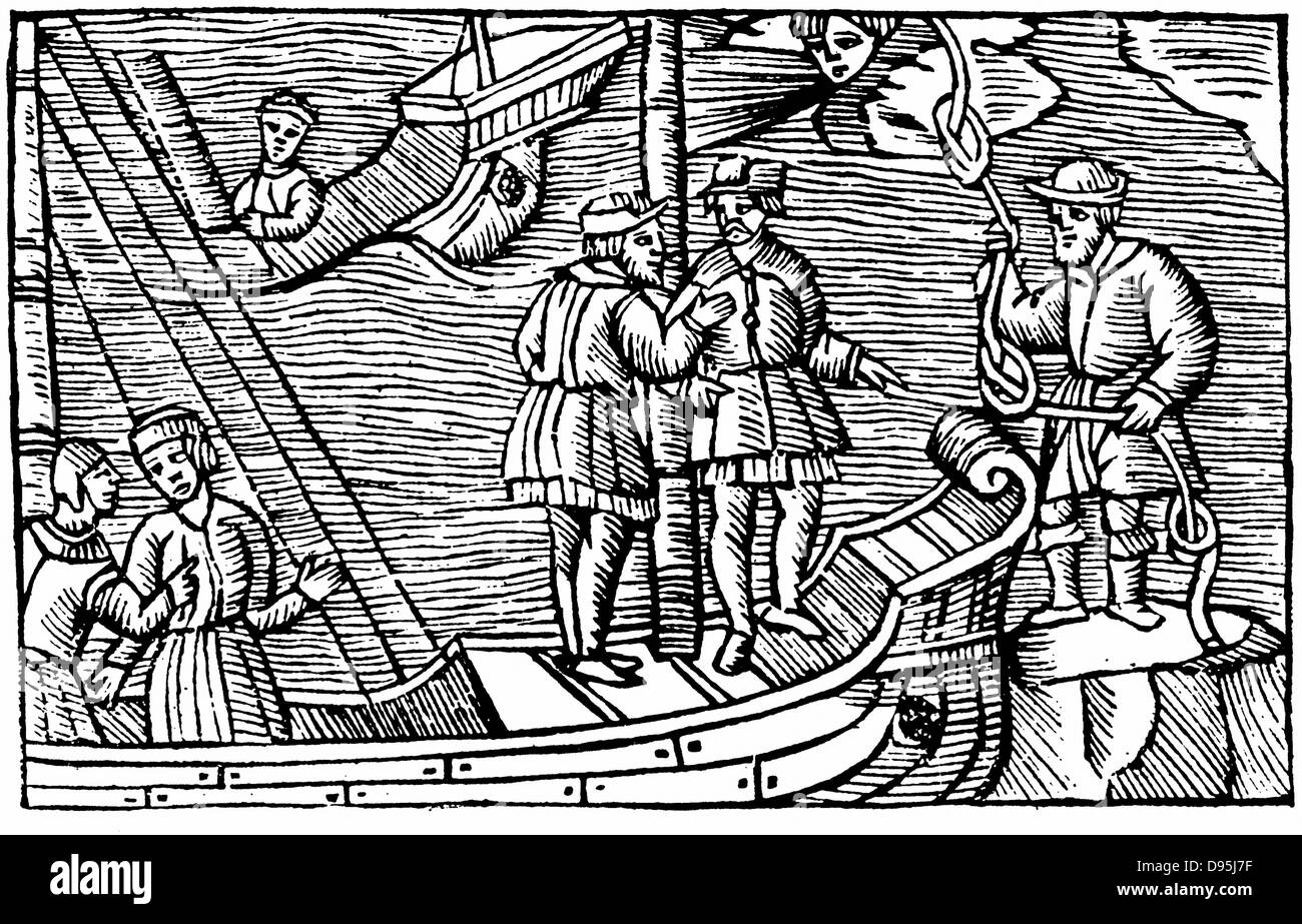 Sailors buying winds (tied in knots) from a magician. From Olaus Magnus 'Historia de gentibus septentrionalibus' Antwerp 1562. Stock Photo