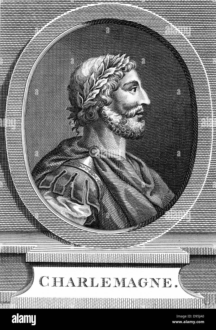 Charlemagne (Charles the Great) 747-814, king of the Franks; crowned Christian emperor of the west in St Peter's, Rome on Christmas Day 800. Copperplate engraving. Stock Photo