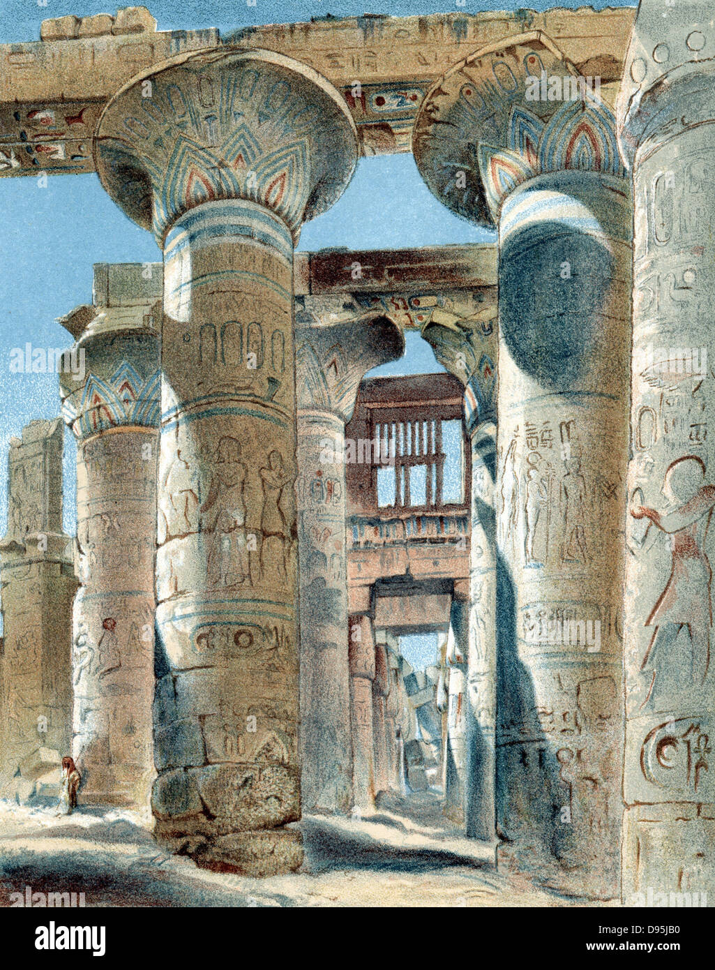 Hippostyle (pillared) hall in the temple to Amon-Re at Karnak, Upper Egypt, built by Rameses I and Rameses II  (1304-1237 BC).Chromolithograph circa 1870 Stock Photo