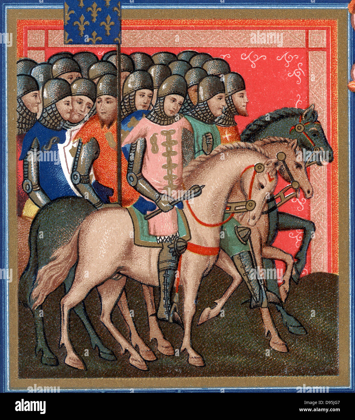 Band of Crusaders armed and mounted. Detail from 15th century 'Statues of Order of Saint Esprit'. Chromolithograph Stock Photo