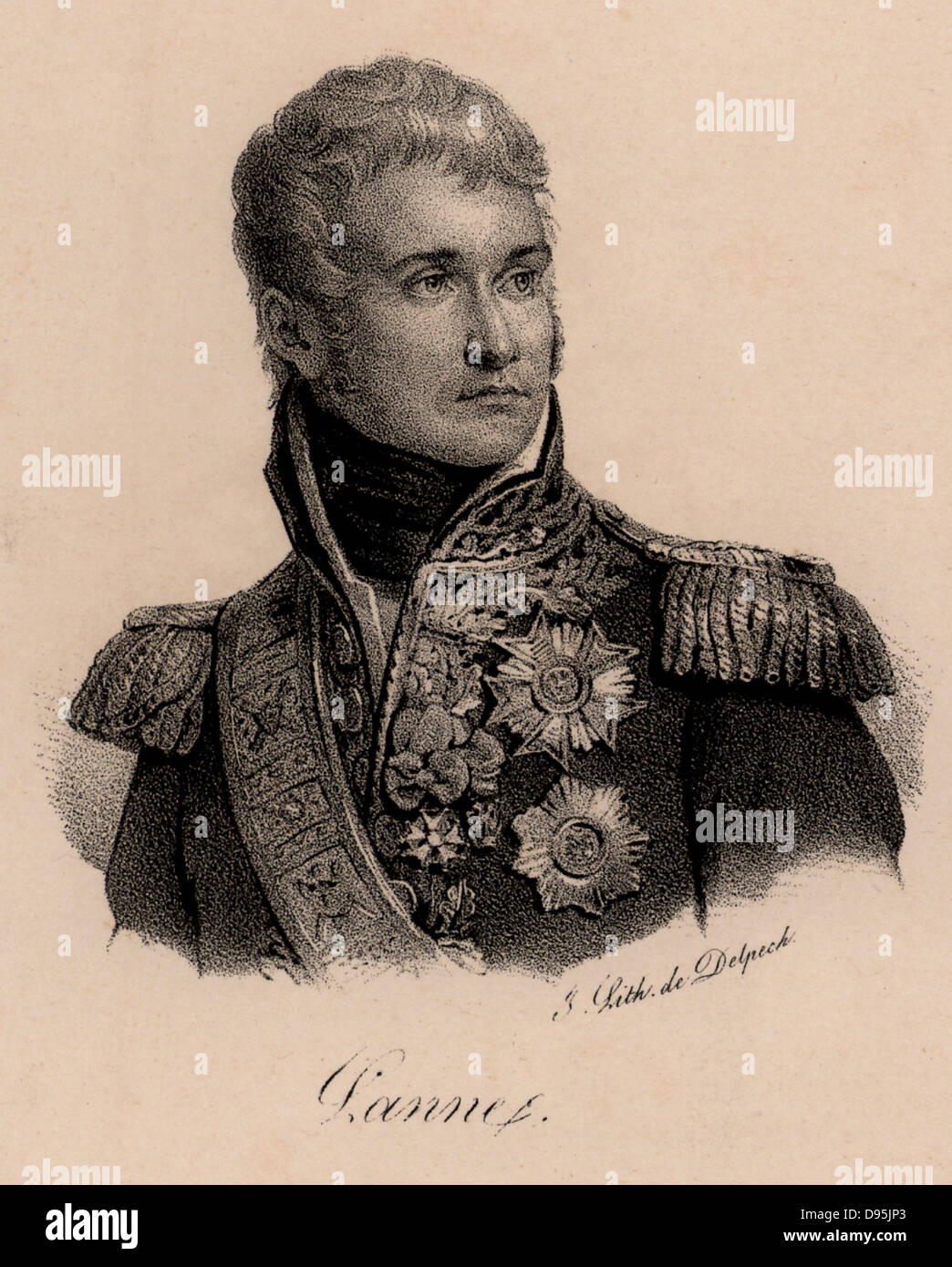 Jean Lannes, Duc de Montebello (1769-1809) one of Napoleon's generals. Won  the battle of Montebello (1800). Also fought at Marengo, Austerlitz, Eylau,  Friedland, and Saragossa. Mortally wounded at Aspern and Esslung.  Napoleonic Wars. Lithograph c1830 Stock Photo