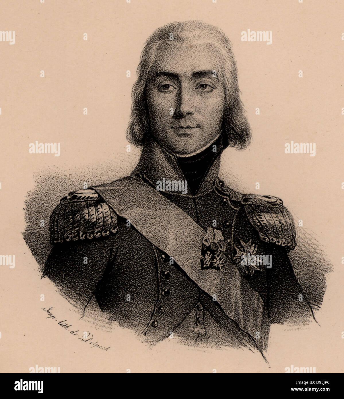 Jean Baptiste Bessieres, Duc d'Istrie (1786-1813).  French soldier, appointed Marshal of France 1804. Distinguished himself at Aboukir and Austerlitz (1805) and fought in the Peninsular and Russian campaigns.  Killed by a stray bullet on the eve of the Battle of Lutzen. Lithograph. Stock Photo