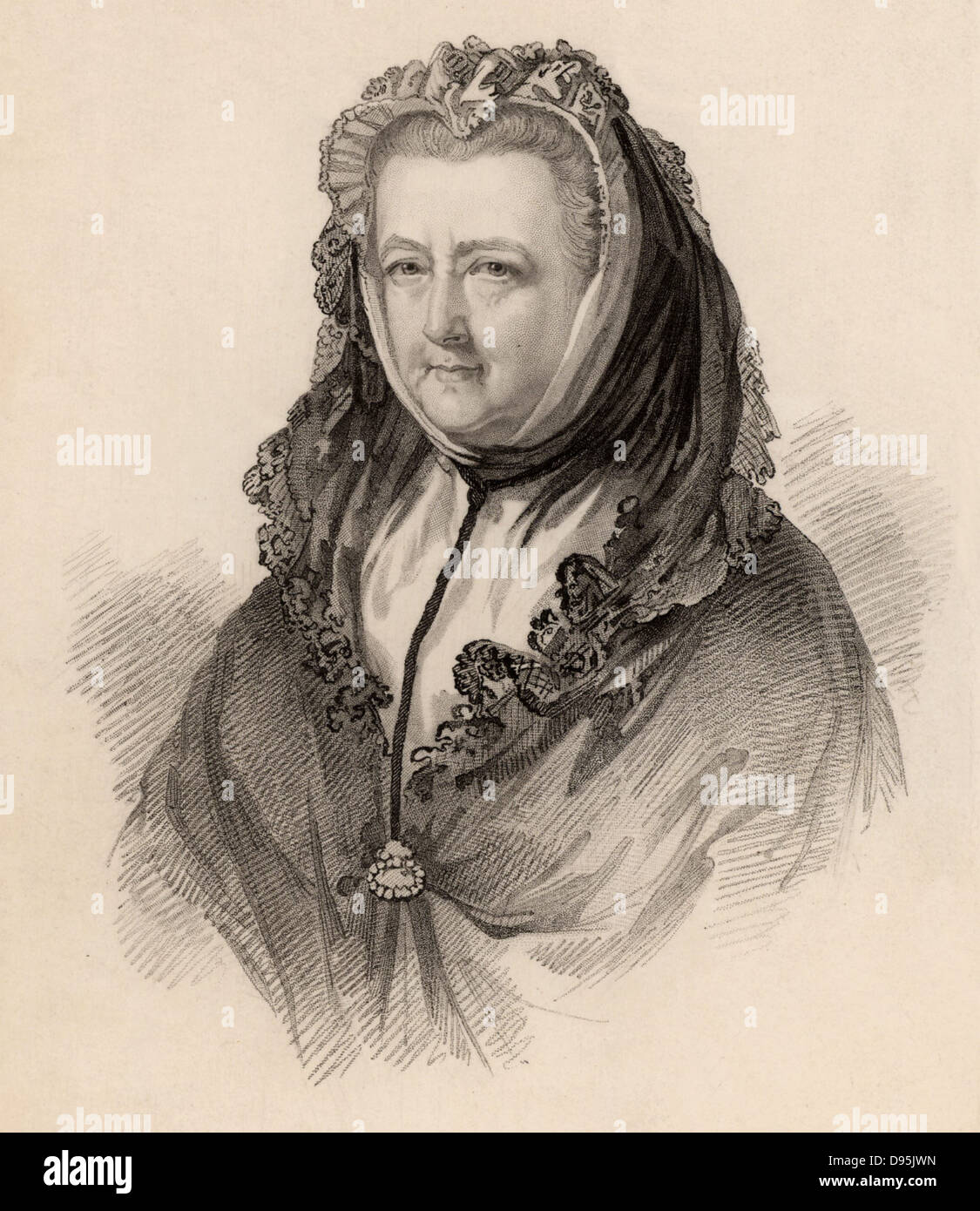Mary Delany (born Granville 1700-1788) Englishwoman of artistic and literary tastes.  In 1743 she married Patrick Delany, an Irish churchman and friend of Dean Jonathan Swift. She created exquisite paper 'mosaics' (collages), many of which are now in the British Museum.   Engraving from 'Diary and Letters of Madame D'Arblay' by Fanny Burney (London, 1843). Stock Photo