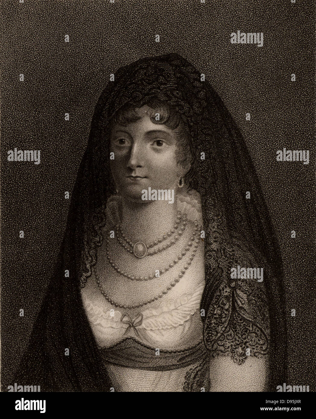 Marie Chamand, Comtesse de Lavalette (1781-1855), wife of Comte de Lavalette,  French politician and Napoleonic general, and niece of Josephine Beauharnais.  In 1815 she saved husband's life by changing clothes with him and enabling him to escape from prison shortly before due to be executed under the second Bourbon restoration.  Stipple engraving from 'History of the Wars Occasioned by the French Revolution...' by CH Gifford (London, 1817). Stock Photo