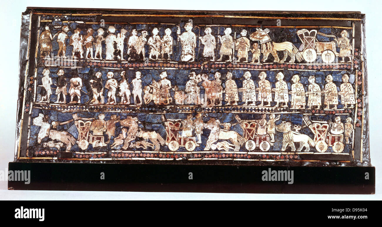 Standard of Ur, the war side, from the Royal Cemetery at Ur c2500 BC. Lapis  lazuli, mother-of-pearl, shell and coloured stone mosaic. Sumerian. British  Museum Stock Photo - Alamy