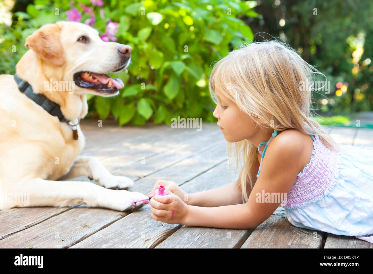 Little girl painting the claws of a dog with bright pink nail polish on a sunny summer afternoon in Portland, Oregon, USA Stock Photo