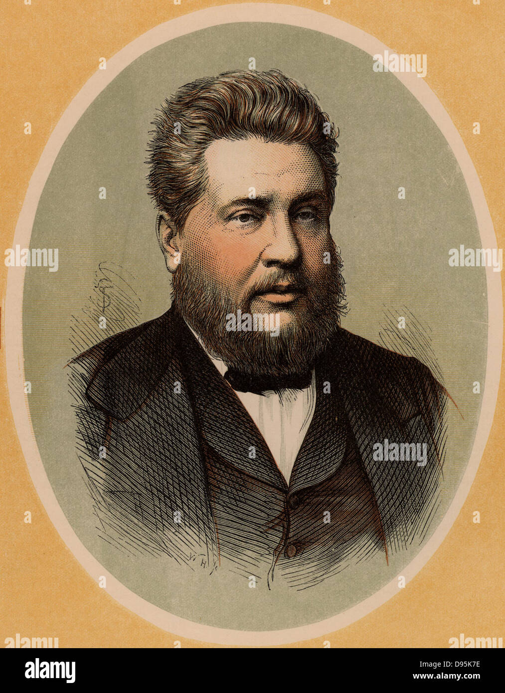 Charles Haddon Spurgeon (1834-1892) English popular Baptist preacher, born at Kelvedon, Essex. Called the Prince of Preachers, he drew audiences of over 10,000. By the time of his death, he had preached 36,000 sermons.  Colour-printed wood engraving. Stock Photo