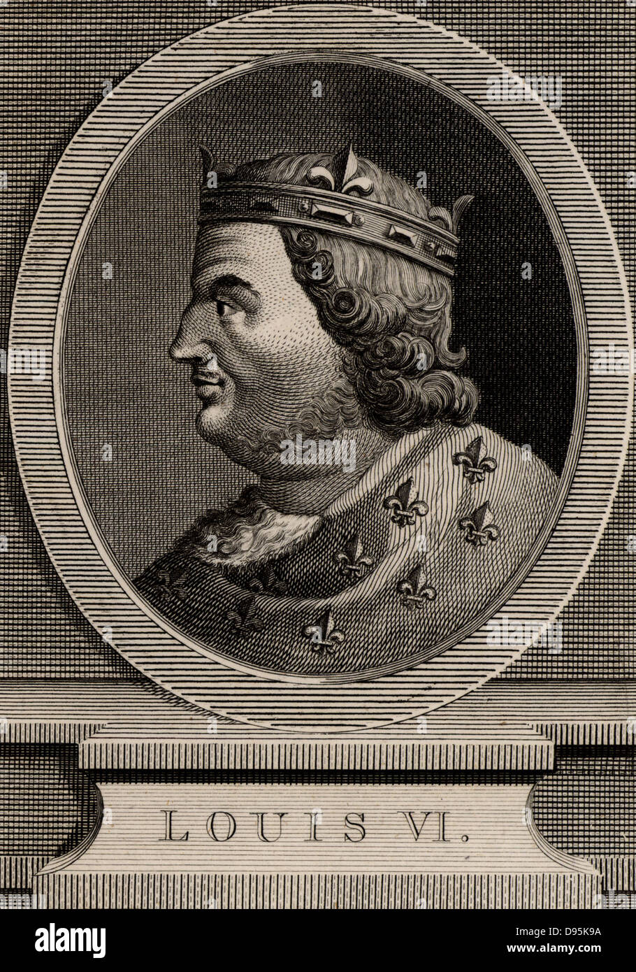 Louis VI, the Fat (1081-1137) king of France from 1108.  A member of the Capetian dynasty. Copperplate engraving 1793. Stock Photo