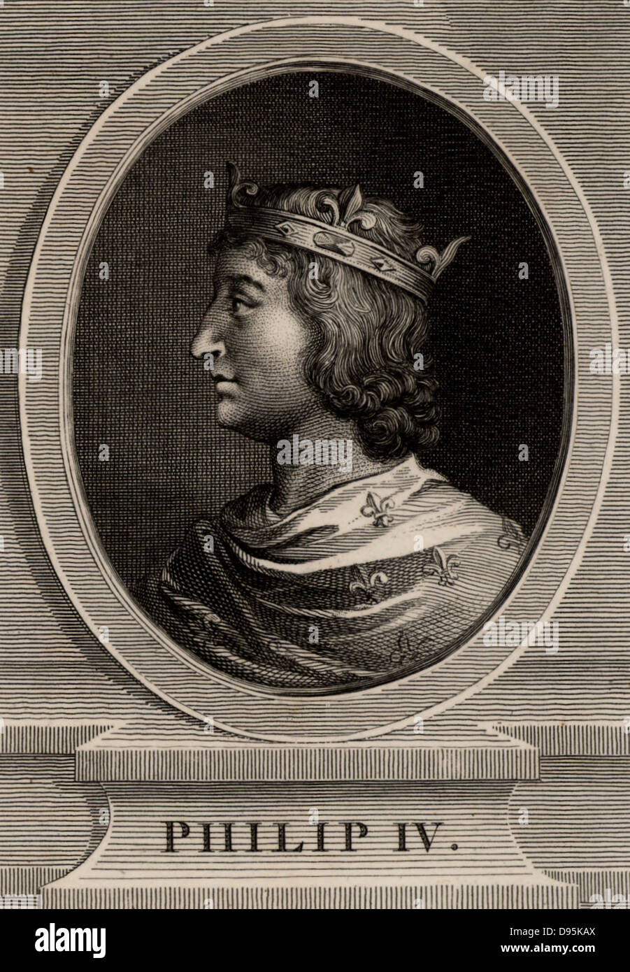 Philip IV, the Fair (1268-1314) a member of the Capetian dynasty,  king of France from 1285. He forced  Pope Clement V to dissolve the Knights Templar, and appropriated their property (1314). Copperplate engraving, 1793. Stock Photo
