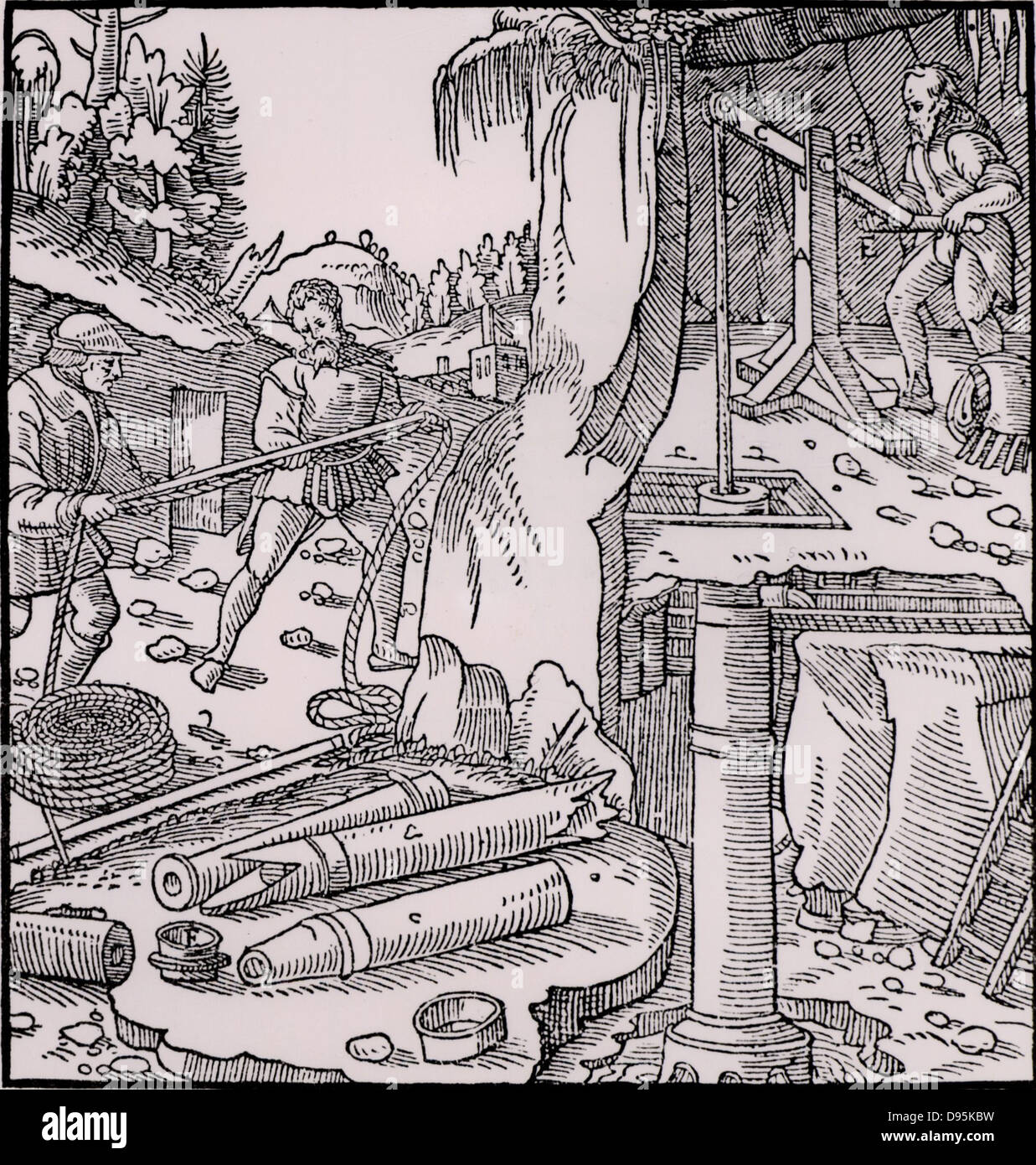 Draining a mine by means of a suction pump.  The man in the top right of the picture is operating the piston of the pump by raising and lowering the opposite end of the beam to which the piston rod is attached. From 'De re metallica', by Agricola, pseudonym of Georg Bauer (Basle, 1556).  Woodcut. Stock Photo