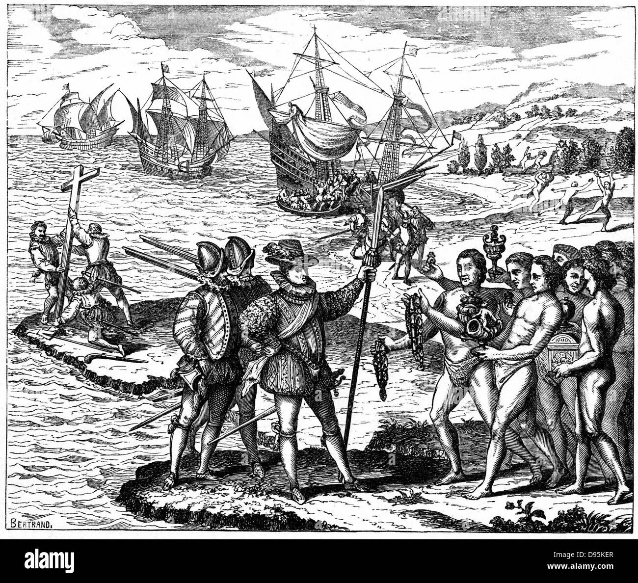 Christopher Columbus (1451-1506) Genoese explorer, discovering America - 12 May 1492. From engraving by Theodore de Bry 1590. Stock Photo