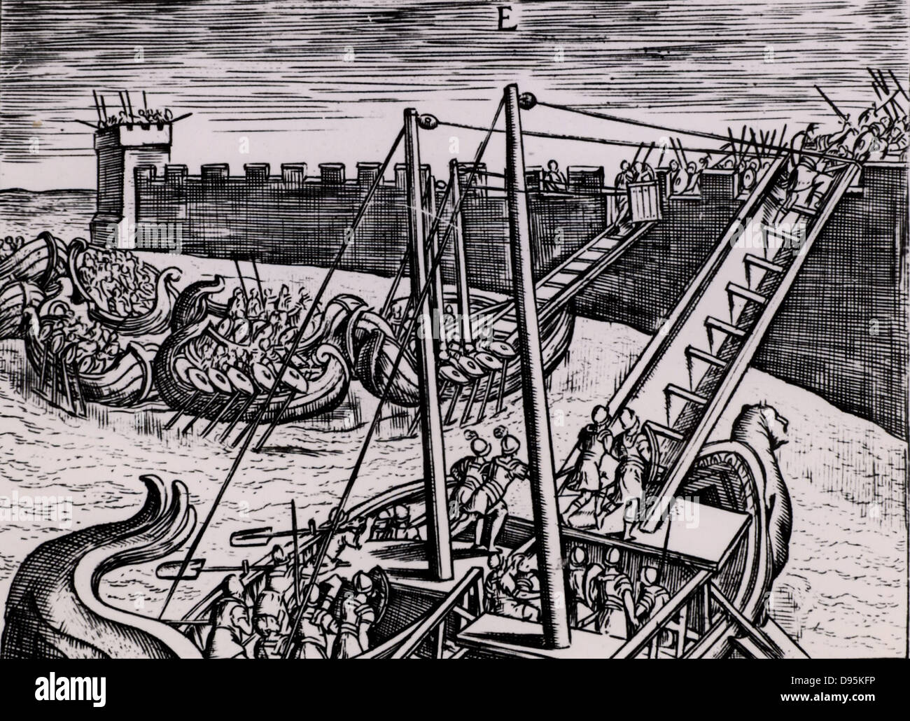 Roman soldiers scaling the walls of a fortress using ladders mounted on boats.   From 'Poliorceticon sive de machinis tormentis telis' by Justus Lipsius (Joost Lips) (Antwerp, 1605). Engraving. Stock Photo