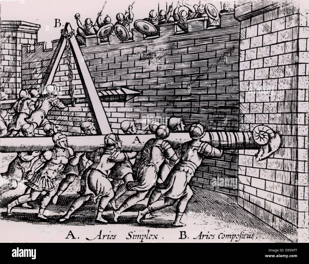 Roman soldiers using two forms of battering ram against the walls of a fortress. A, in the foreground, is the simple form resting on the men's shoulders, while the one at B is hung on a chain hanging from a frame, so enabling the men to concentrate their strength on thrusting the battering ram forward. From 'Poliorceticon sive de machinis tormentis telis' by Justus Lipsius (Joost Lips) (Antwerp, 1605). Engraving. Stock Photo